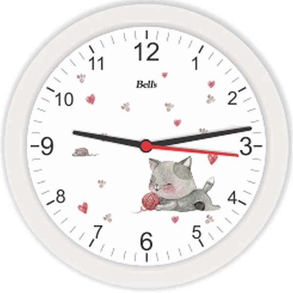 Relógio de Parede Redondo Gatinho Branco 21,7CM.