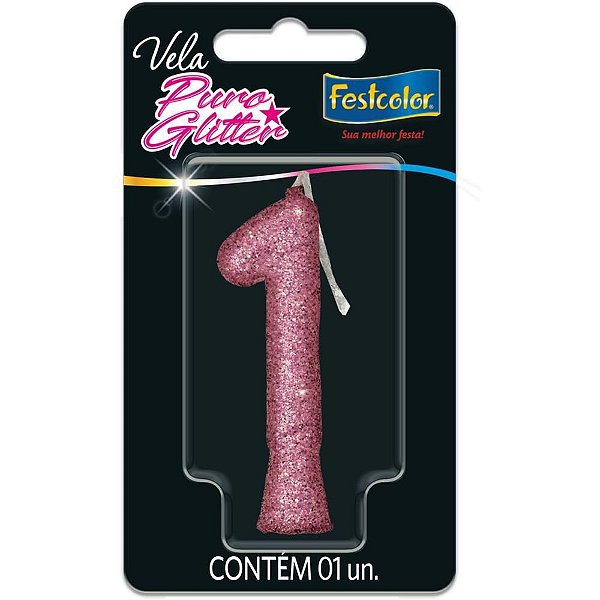 Vela para Aniversário N°01 Glitter Rosa - Caixa com 10 Unidades