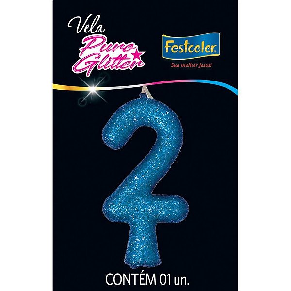 Vela para Aniversário N°02 Glitter Azul - Caixa com 10 Unidades