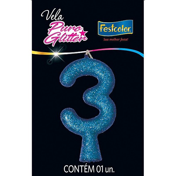 Vela para Aniversário N.03 Glitter Azul - Caixa com 10