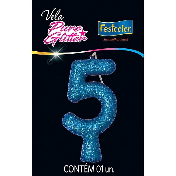 Vela para Aniversário Número 05 Glitter Azul - Caixa com 10 Unidades