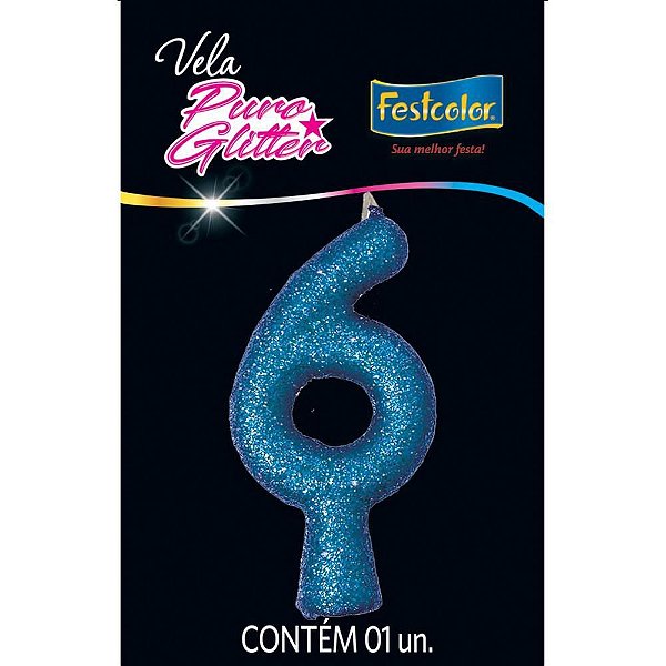 Vela para Aniversário N°06 Glitter Azul - Caixa com 10 Unidades