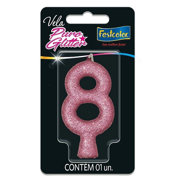 Vela para Aniversário N.08 Glitter Rosa Caixa com 10 Unidades