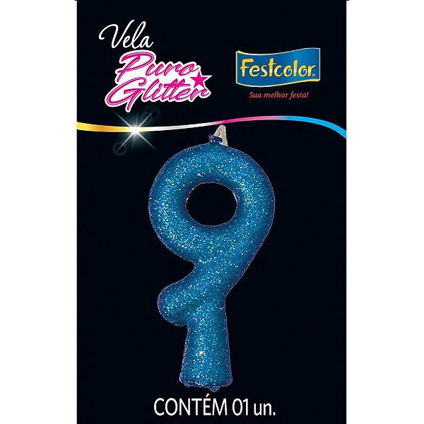 Vela para Aniversário Número 09 com Glitter Azul - Caixa com 10 Unidades