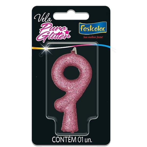 Vela para Aniversário N.09 Glitter Rosa - Caixa com 10