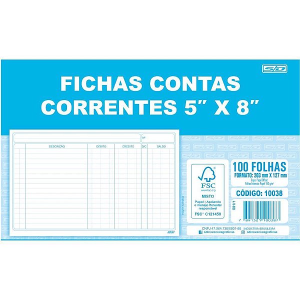 Ficha Conta Corrente 5X8 - 12,7X20,3CM - Pacote com 100 Unidades