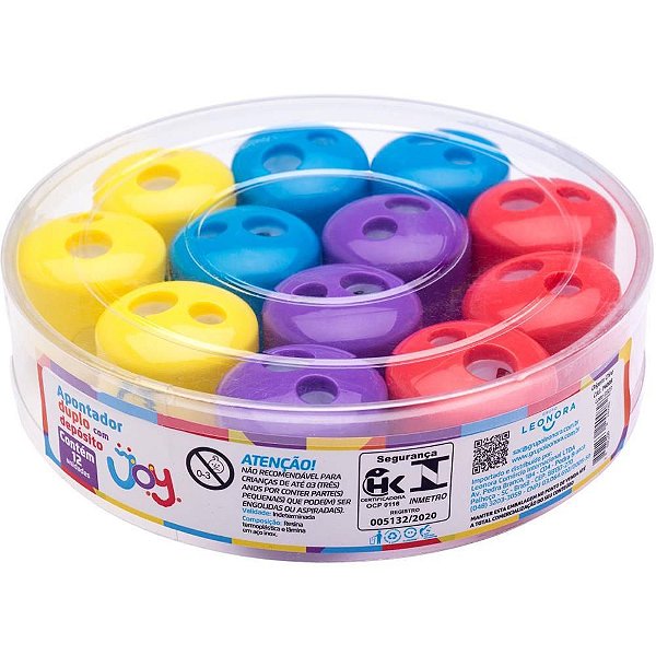 Apontador Depósito 2 Furos Color JOY BIG 4 Cores Pote com 12