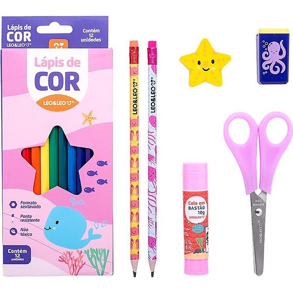 Kit Escolar Fundo do MAR 12CORES + 6 Peças