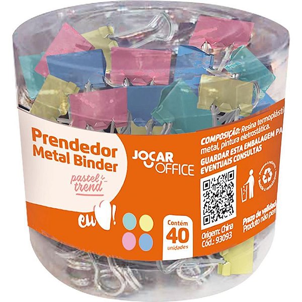 Prendedor de Papel Jocar Binder 19MM Colorido - Pote com 40 Unidades