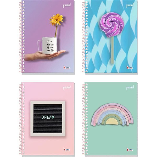 Caderno 1X1 Capa Dura Pastel 80 Folhas - Pacote com 4 Unidades