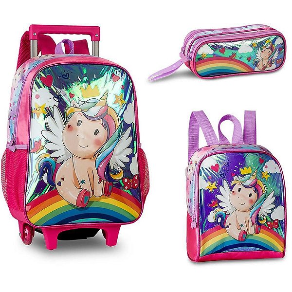 Mochila Infantil com Rodinha Unicórnio G Estojo+lancheira