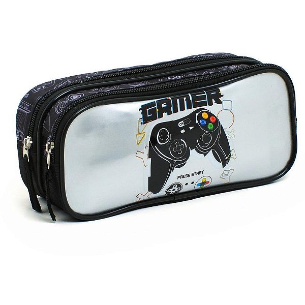 Estojo Tecido Gamer com 2 Zíperes – Preto com Estampa