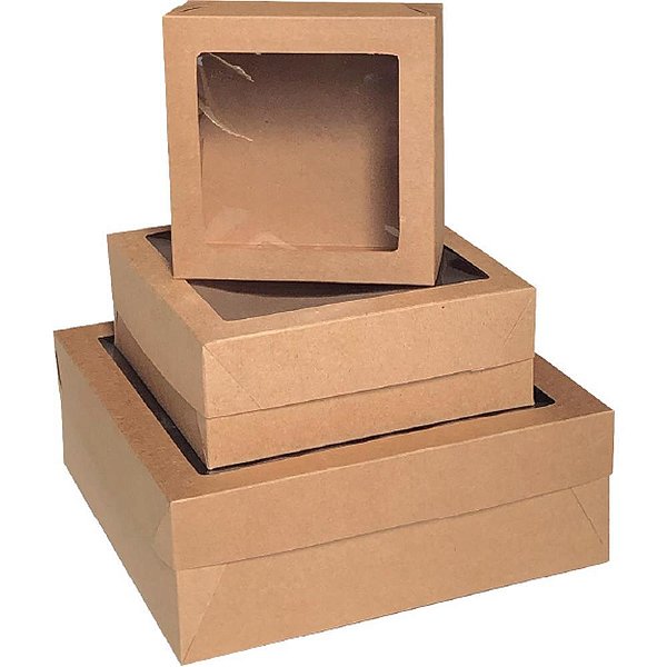 Caixa Presente com Tampa M 21X21X8CM KRAFT Quadrada com Visor Pacote com 10