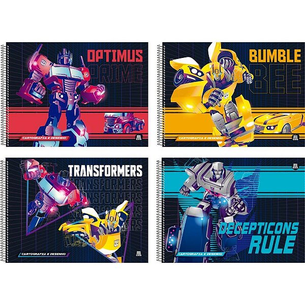 Caderno de Desenho Universitário Capa Dura Transformers 60 Folhas Pacote com 5