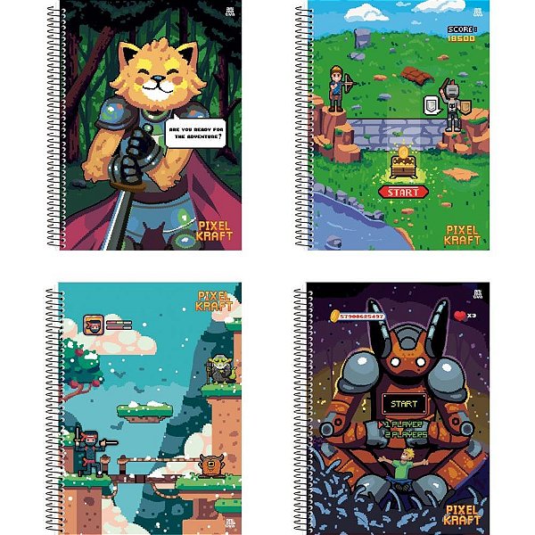 Caderno 01X1 Capa Dura Pixel KRAFT 80 Folhas - Pacote com 04