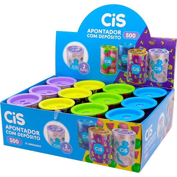 Apontador com Depósito 2 Furos CIS 500 Lata 4 Cores - Pacote com 12