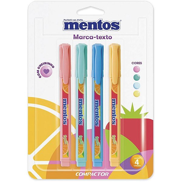Caneta MARCA-TEXTO Destaq Mentos com Cheiro 4 Cores Caixa com 4