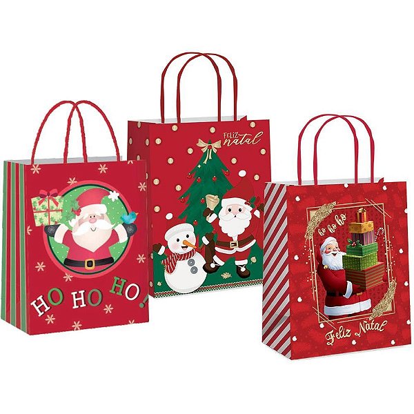 Sacola para Presente Natal Decorada M 26X19,5X9,5CM C/10