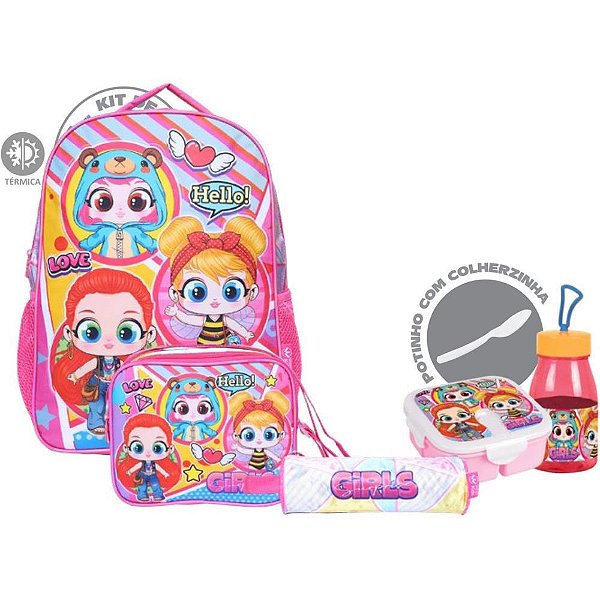 Mochila Infantil GIRLS Surprise com Lancheira, Estojo, Garrafa, Pote e Colher - KIT com 6 Peças