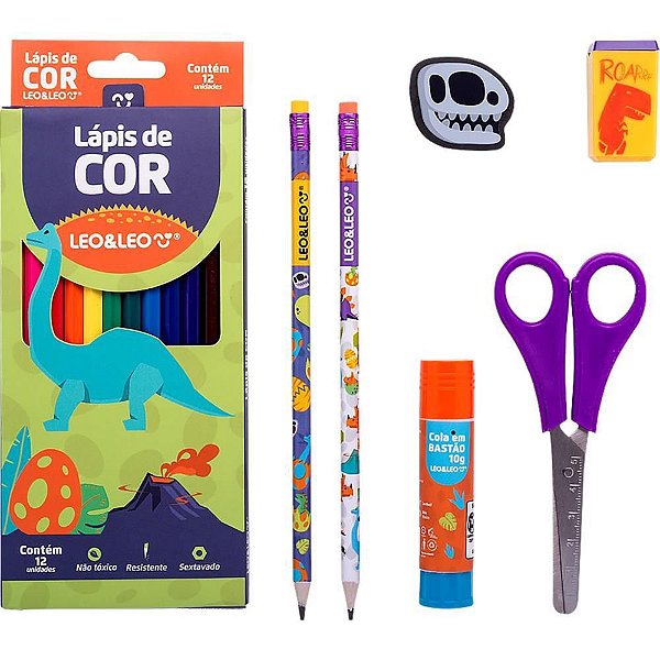 Kit Escolar Dino com 12 Lápis de COR e 6 Peças Blister