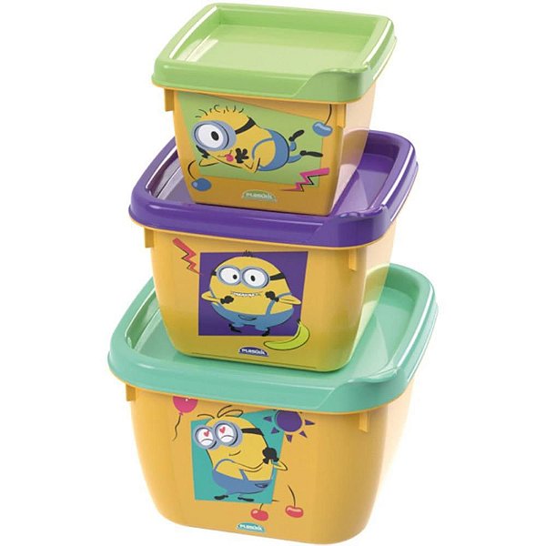 Kit Potes Plásticos Conect Quadrados Minions – Conjunto com 3 Potes (140ML, 270ML, 470ML)