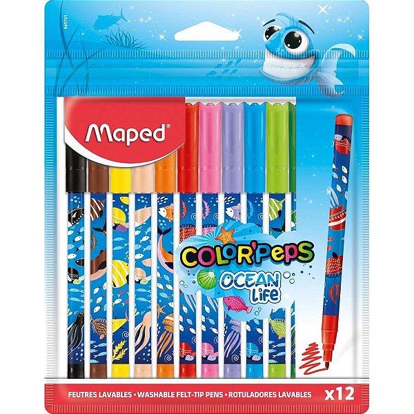 Caneta Hidrográfica Color PEPS Ocean - Decorada com 12 Cores - Caixa com 12