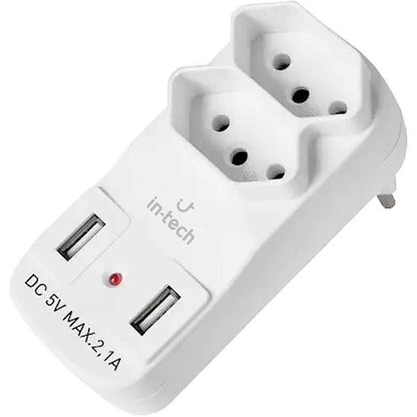 Adaptador de Tomada 2 Entradas Tripolar com USB Branco - Bivolt