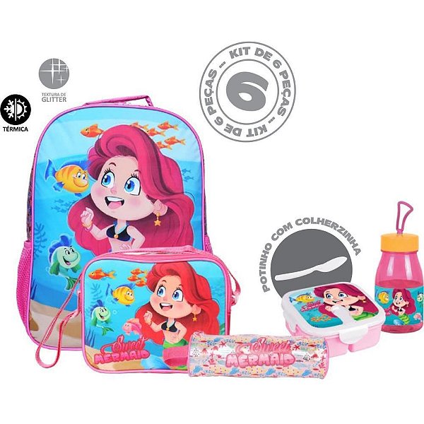 Mochila Infantil Mermaid Grande com 6 Peças