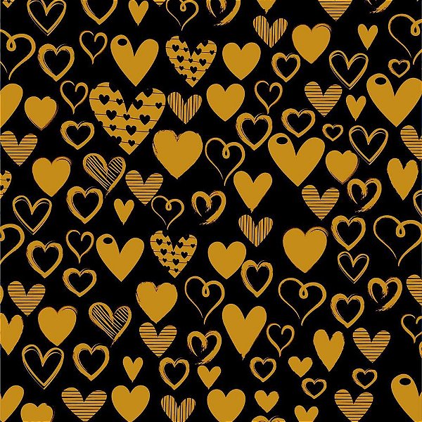 Papel Presente Bobina Couchê 60CM Preto com Corações Dourados 100MTS