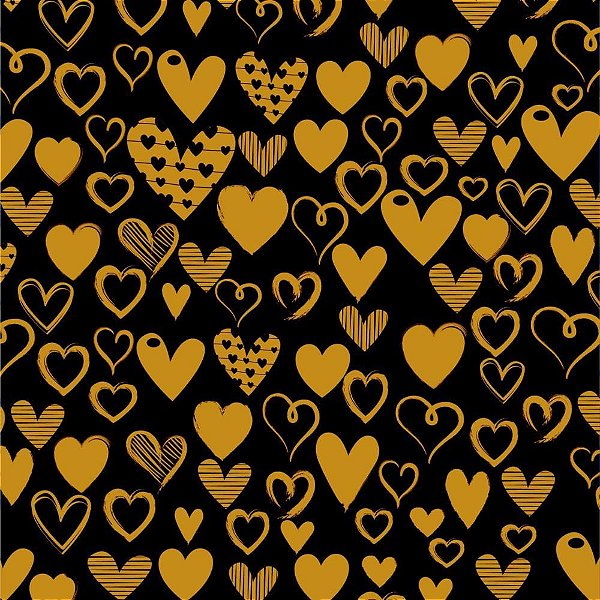 Papel Presente Bobina Couchê 60CM Preto com Corações Dourados 100MTS