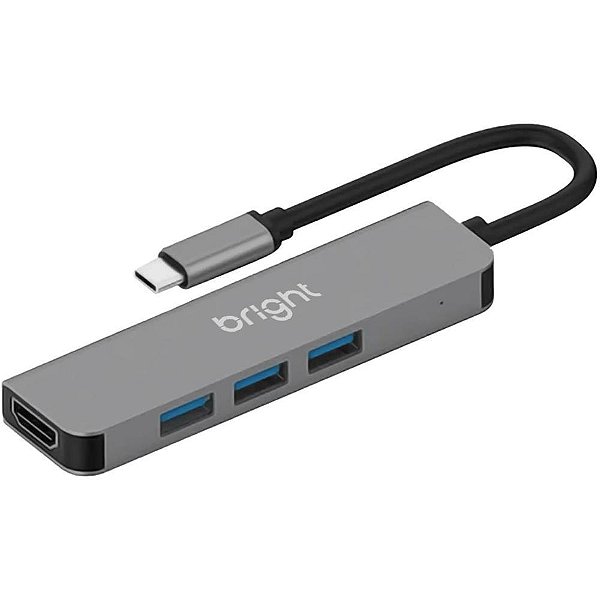 Hub USB BRIGHT HDMI 4K com 3 Portas USB 3.0 TIPO-C Prata