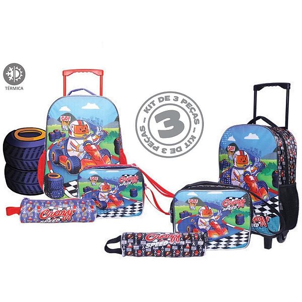 Mochila Infantil com Rodinhas CRAZY FOR Speed KIT com 3 Peças Sortido