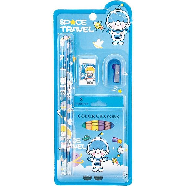 Kit Escolar VD/AZ C/4PÇS e GIZ de Cera
