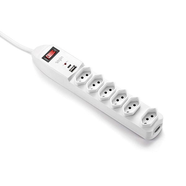 Filtro de Linha com 6 Tomadas + USB Tipo A/C 10A