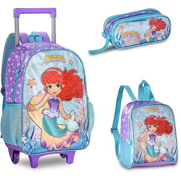 Mochila Infantil com Rodinha Sereias G Estojo+lancheira