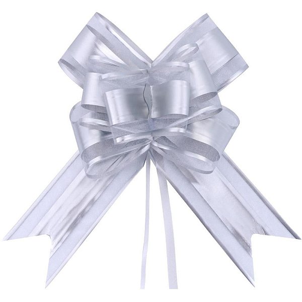 Laço Pronto Decorado 32MM X 47CM Luxo Fio Prata - Pacote com 100