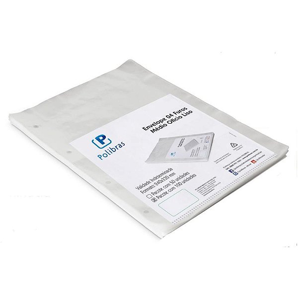 Envelope Plástico Ofício 4FUROS Médio 0,10MM Pacote com 100