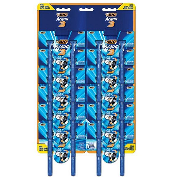 Barbeador Descartável BIC 3 Acqua Azul - 3 Lâminas, 12 Blister com 2 Unidades