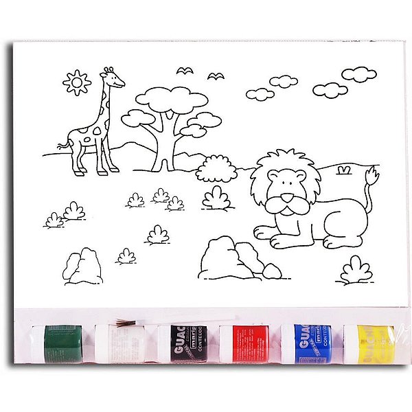 Tela para Pintura Riscada 20X30CM Zoo com Pincel e Guache