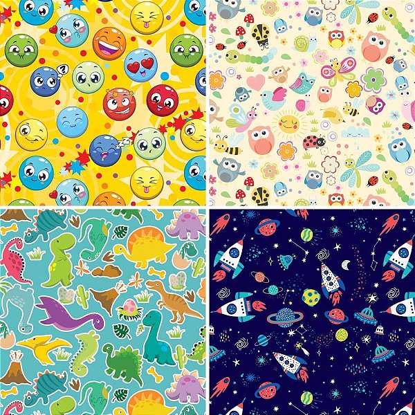 Papel de Presente 50X60CM Couchê Fantasia Infantil II 4 Modelos Pacote com 40