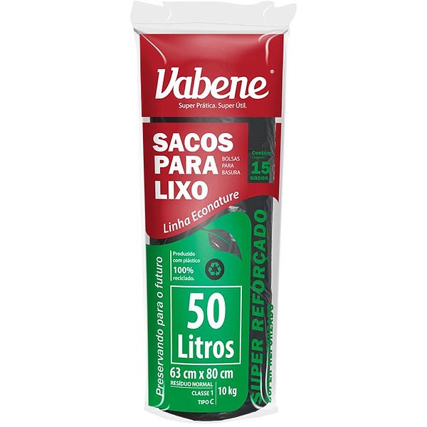 Saco para Lixo 50L Preto 63X80CM 40 Micras - Rolo com 15 Unidades