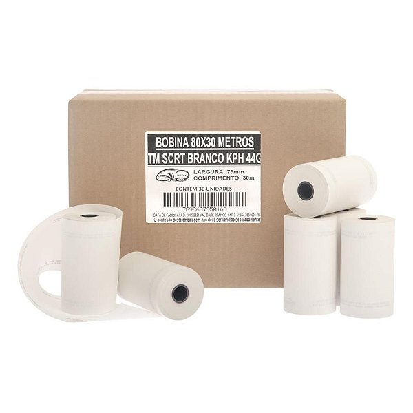 Bobina Térmica 80MM X 30M 1 Via Branca 44G - Caixa com 30 Unidades