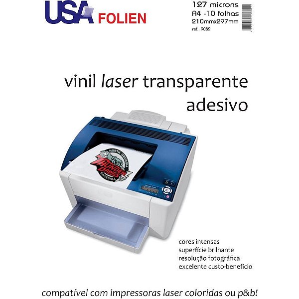 Vinil Adesivo Transparente A4 para Impressoras Laser - Pacote com 10 Folhas