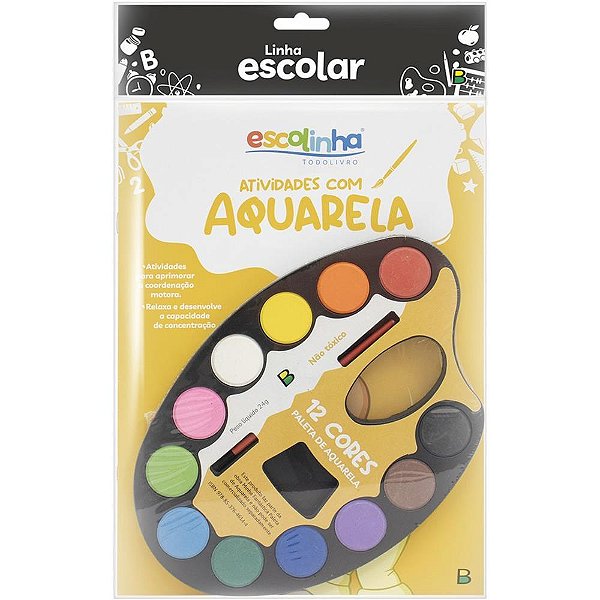 Livro Aquarela Escolinha Paleta com Pincel e 12 Cores