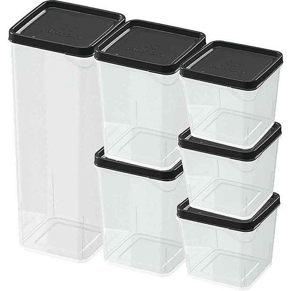 Pote Plástico Conjunto com 6 Potes Modulares Preto - BPA Free