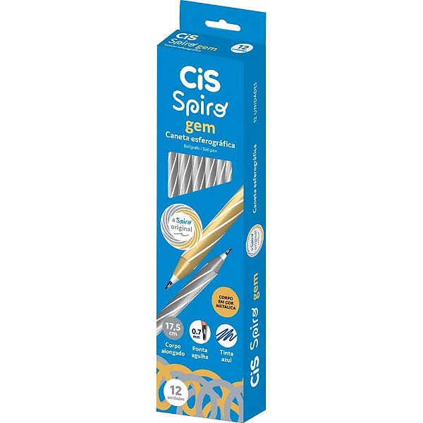 Caneta Esferográfica CIS Spiro GEM 0,7MM Prata Tinta Azul - Caixa com 12