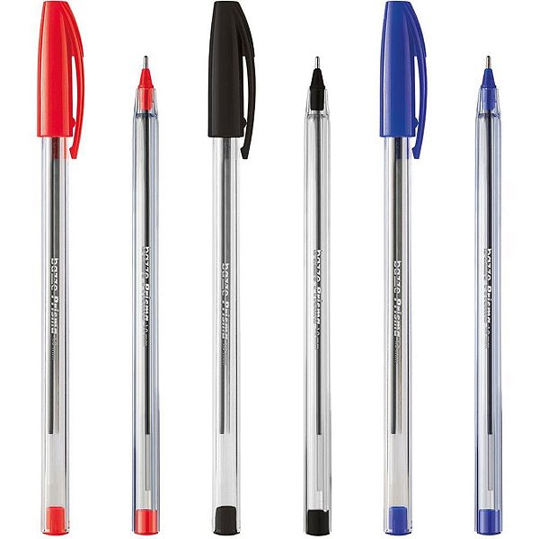 Caneta Esferográfica Bazze Prisma 1.0 - 2 Azuis, 1 Preta, 1 Vermelha