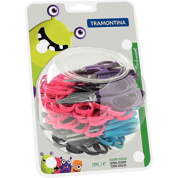 Tesoura Escolar Supercort Monster Tramontina 10CM Color - Display com 72 Unidades