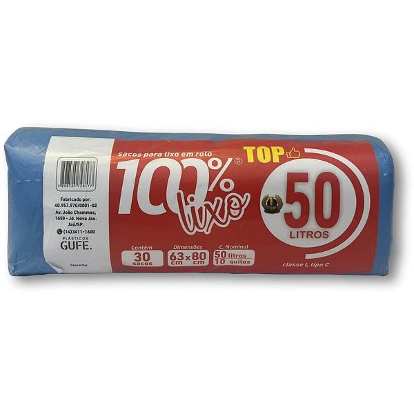 Saco para Lixo 50L Azul 63X80CM 26 Micras Rolo com 30 Unidades