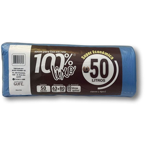 Saco para Lixo 50L Azul - Rolo com 50 Unidades